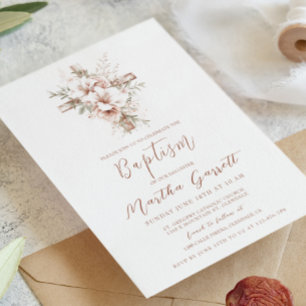 Elegant Cross And Pink Flowers Girl Baptism Invitation