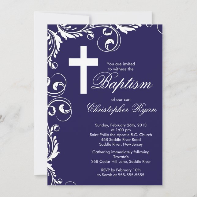 Elegant Cross Baby Boy Baptism Christening Invitation (Front)