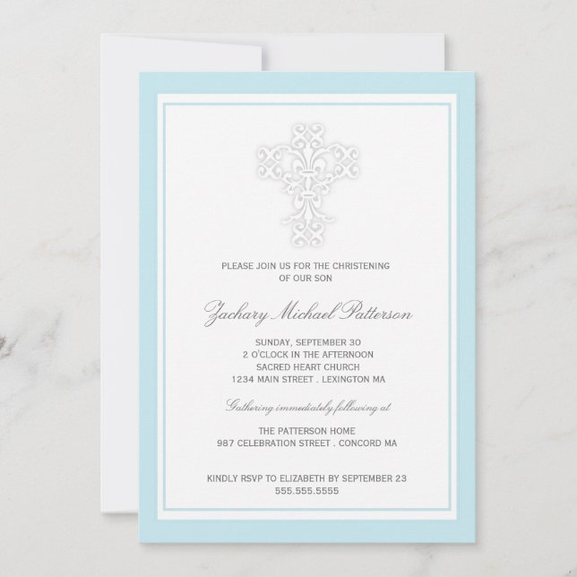 Elegant Cross Baby Boy Christening Invitation (Front)
