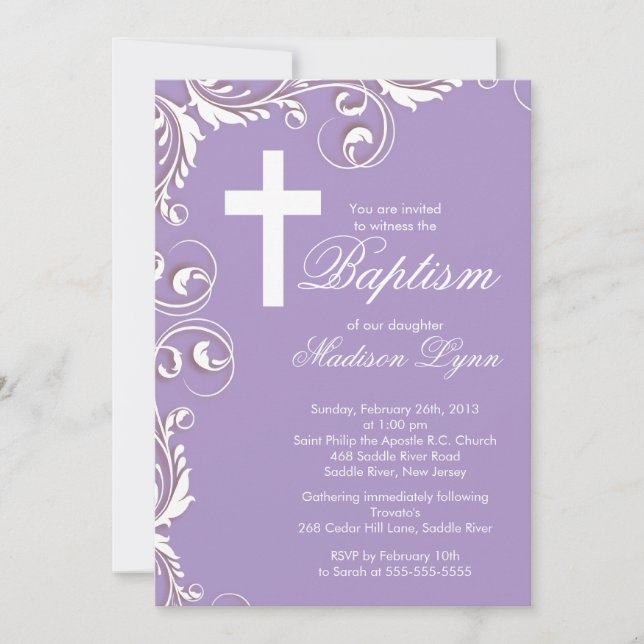 Elegant Cross Baby Girl Baptism Christening Invitation (Front)