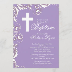 Elegant Cross Baby Girl Baptism Christening Invitation
