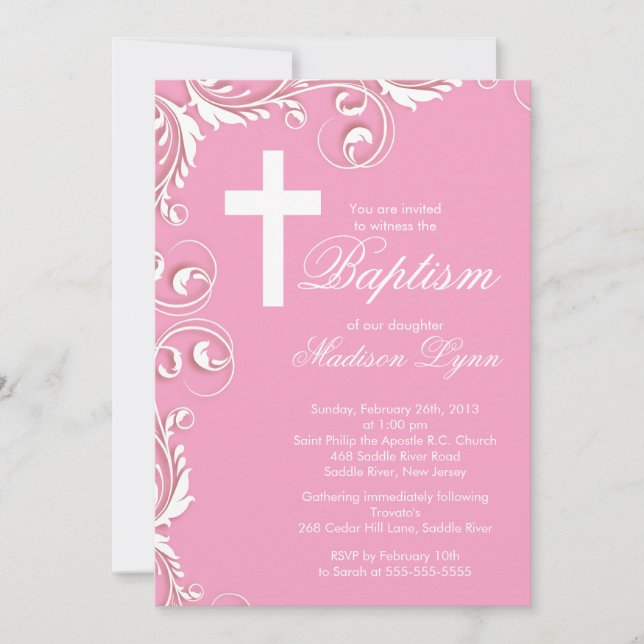 Elegant Cross Baby Girl Baptism Christening Invitation (Front)