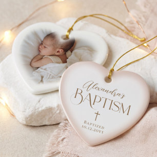 Elegant Cross Baby Girl Baptism Pink Heart Photo Ceramic Tree Decoration