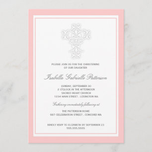 Elegant Cross Baby Girl Christening Invitation