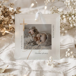 Elegant Cross Baptism Christening Photo Keepsake Glass Tree Decoration