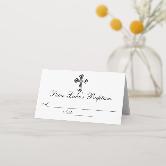 Elegant Cross Baptism Custom Place Card (Front)