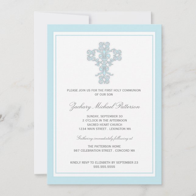 Elegant Cross Blue Boy First Communion Invitation (Front)