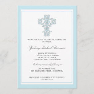 Elegant Cross Blue Boy First Communion Invitation