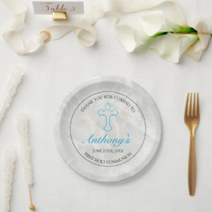 Elegant Cross Blue Boys First Communion Paper Plate