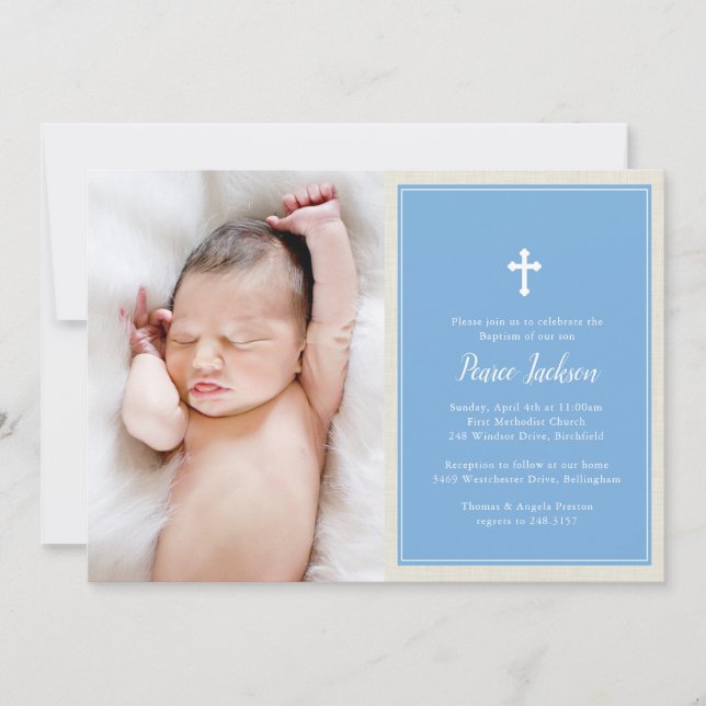 Elegant Cross Blue Photo Baptism Christening Invitation (Front)