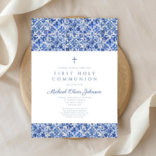Elegant Cross Blue Tiles Boy First Communion Invitation
