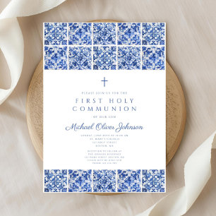Elegant Cross Blue Tiles Boy First Communion Invitation