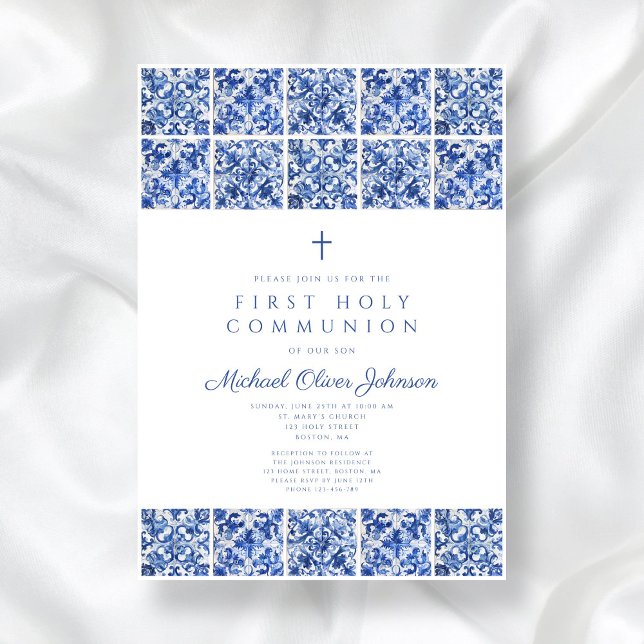 Elegant Cross Blue Tiles Boy First Communion Invitation (Elegant Cross Blue Tiles Boy First Communion Invitation)