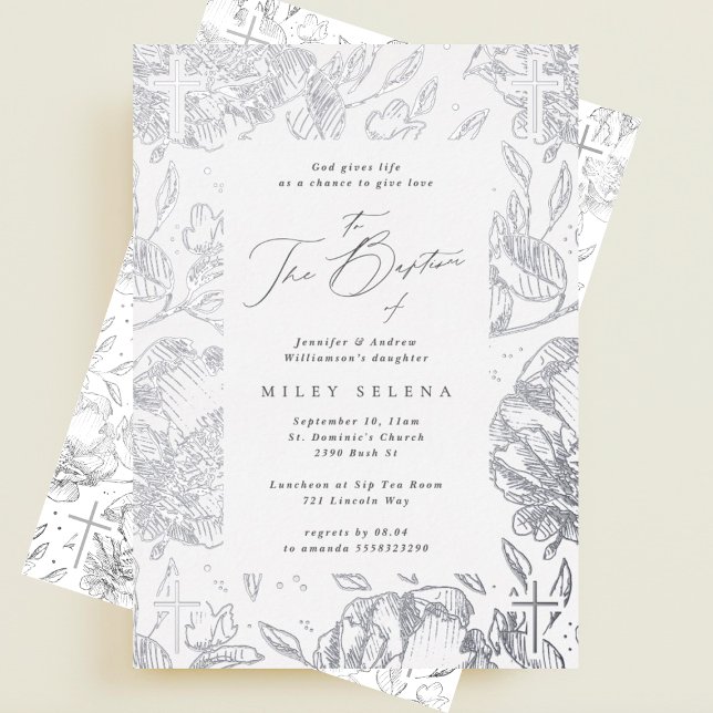 Elegant Cross Calligraphy Floral Silver Baptism (Creator Uploaded)