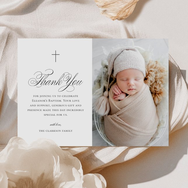 Elegant Cross Calligraphy Photo Baptism Thank You Card (Creator Uploaded)