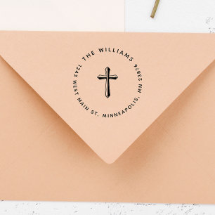 Elegant Cross Christian Family Return Address Rubber Stamp