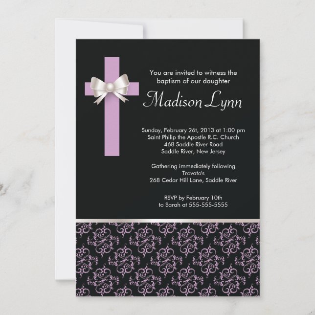 Elegant Cross Damask Baptism | Christening Invitation (Front)