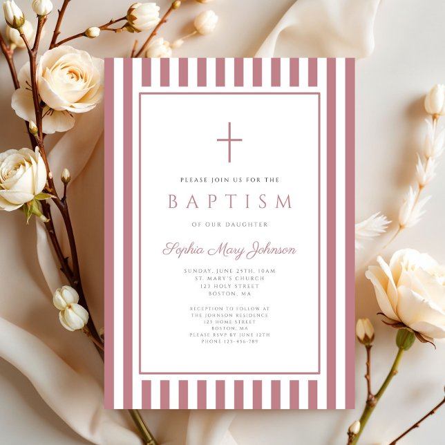 Elegant Cross Dusty Pink Girl Baptism  Invitation (Elegant Cross Dusty Pink Girl Baptism Invitation)