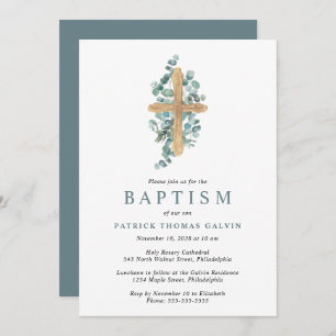 Elegant Cross Eucalyptus Greenery Baptism Invitation