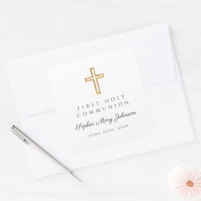 Elegant Cross First Holy Communion  Square Sticker (Envelope)