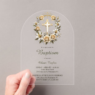 Elegant Cross Floral Wreath Classic Baptism  Acrylic Invitations