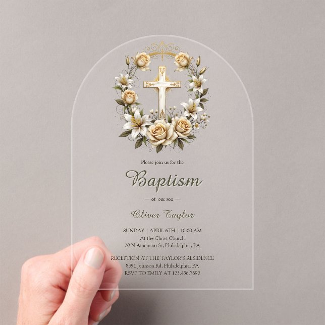 Elegant Cross Floral Wreath Classic Baptism  Acrylic Invitations (Insitu (Handheld))