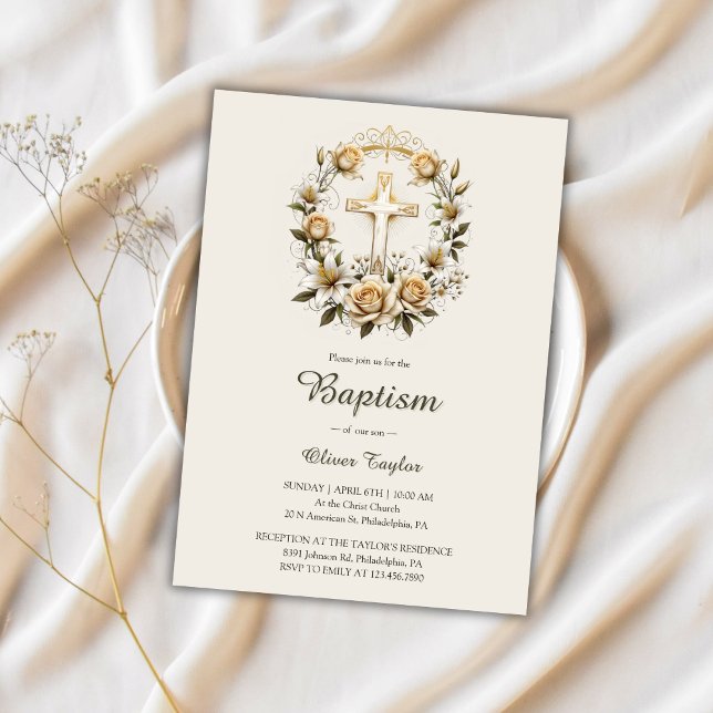 Elegant Cross Floral Wreath Classic Baptism  Invitation (Elegant Cross Floral Wreath Classic Baptism Invitation)