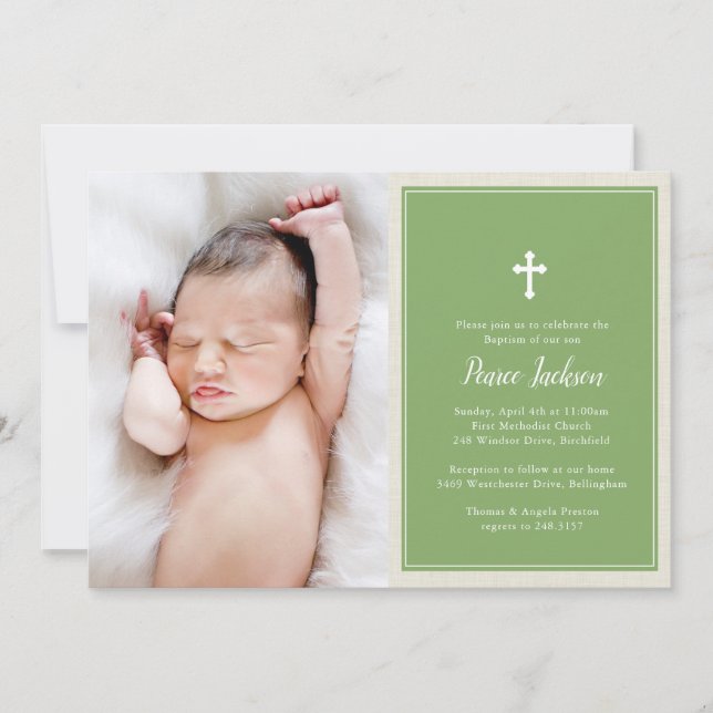 Elegant Cross Green Photo Baptism Christening Invitation (Front)