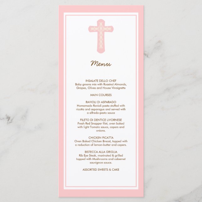 Elegant Cross in Pink Menu Page Rack Card (Front)
