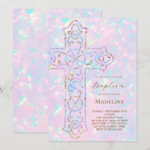 elegant cross opal Baptism Invitation