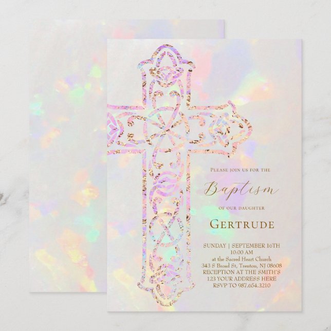 elegant cross opal design Baptism Invitation (Front/Back)