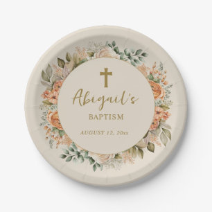 Elegant Cross Peach Cream Floral Baby Girl Baptism Paper Plate