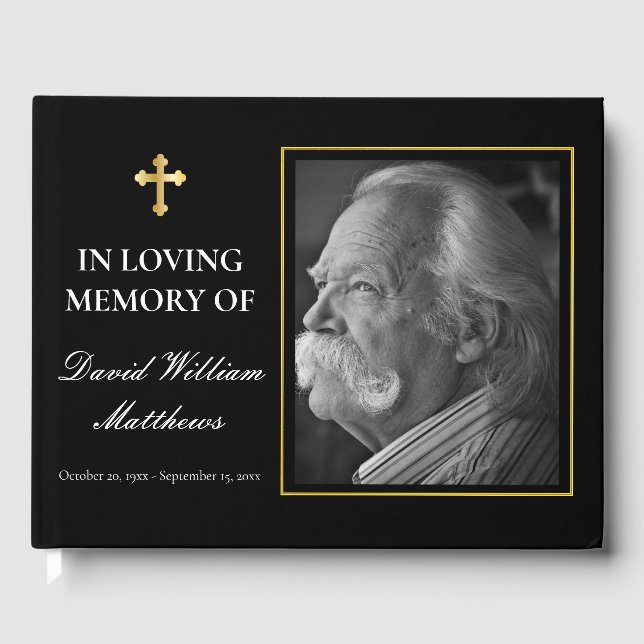 Elegant Cross Photo Black Bereavement | Funeral Guest Book (Front)
