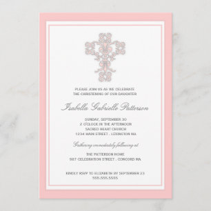 Elegant Cross Pink Girl Christening Invitation