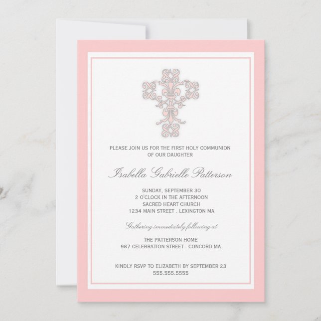 Elegant Cross Pink Girl First Communion Invitation (Front)