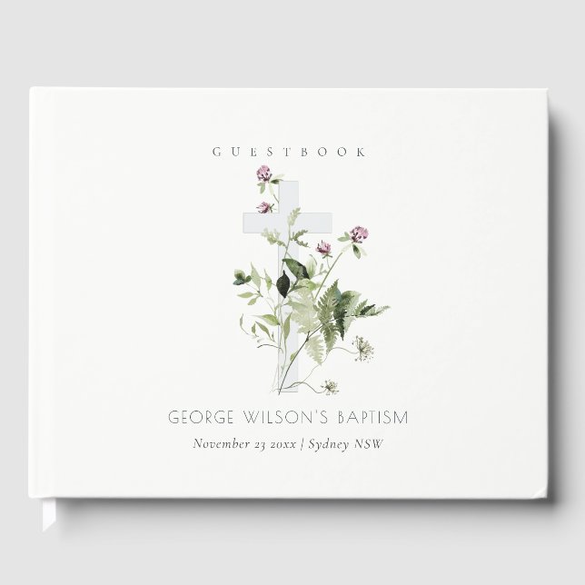 Elegant Cross Purple Wildflower Floral Baptism Guest Book (Front)
