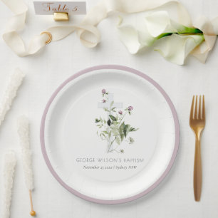Elegant Cross Purple Wildflower Floral Baptism Paper Plate