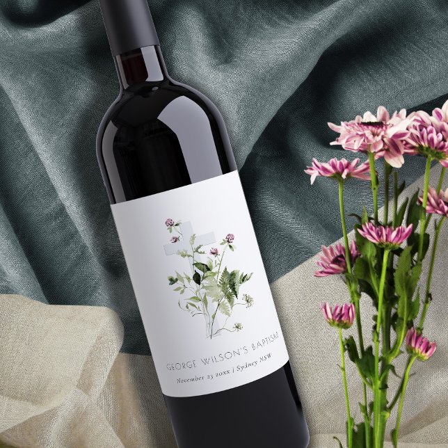 Elegant Cross Purple Wildflower Floral Baptism Wine Label (Creator Uploaded)