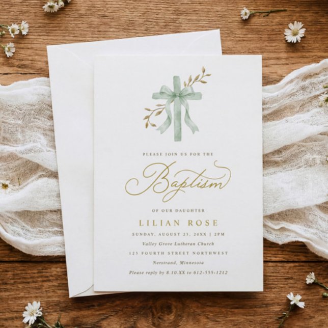 Elegant Cross Sage Bow Watercolor Greenery Baptism Invitation (Watercolor cross baptism invitation with gold botanical vines and sage green script)