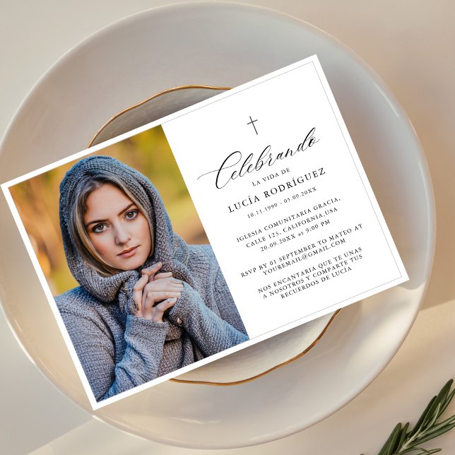 Elegant Cross Spanish Funeral Memorial Photo Invitation (Creator Uploaded)
