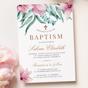 Elegant cross watercolor floral baptism invitation