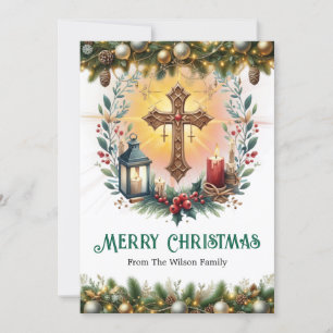 Elegant Cross with Lantern and Candles Christmas  Holiday Card