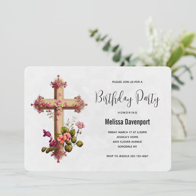 Elegant Cross with Pink Flowers Birthday Invitation (Standing Front)