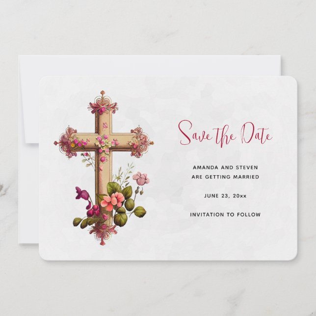 Elegant Cross with Pink Flowers Save The Date (Front)