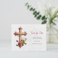 Elegant Cross with Pink Flowers Save the Date