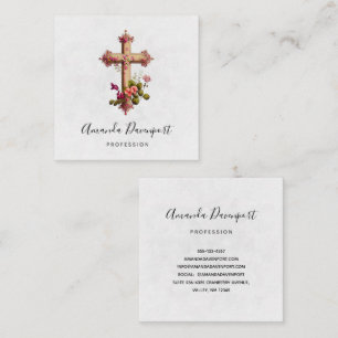 Elegant Cross with Pink Flowers Square Business Card