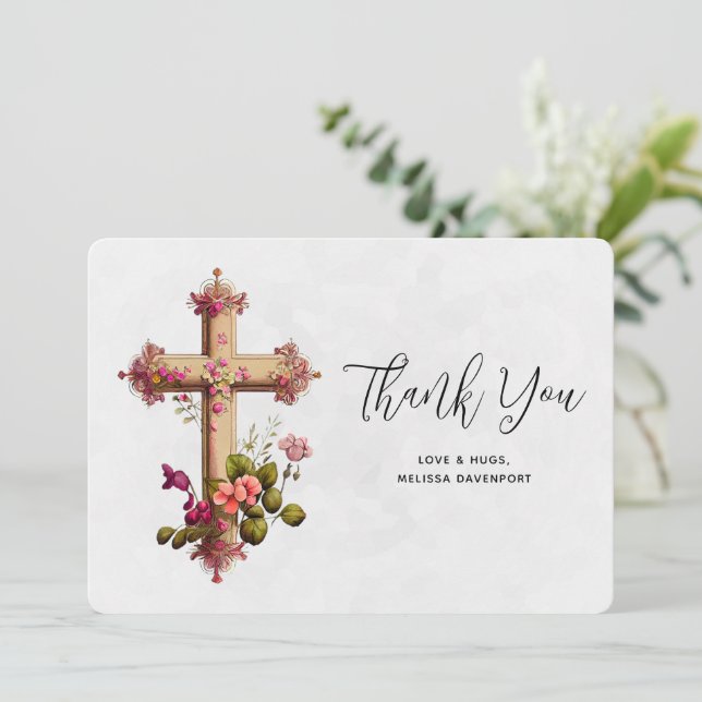 Elegant Cross with Pink Flowers Thank You Card (Standing Front)