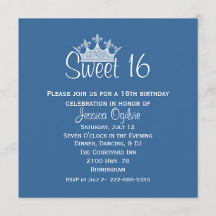 Elegant Crown Blue & White Sweet 16 Birthday Invitation