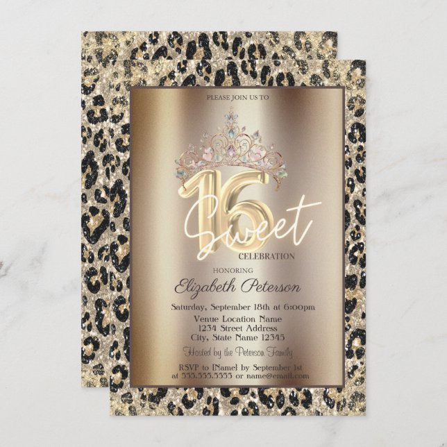 Elegant Crown Leopard Print Sweet 16   Invitation (Front/Back)
