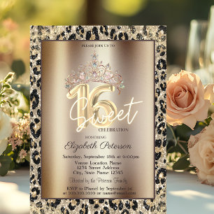 Elegant Crown Leopard Print Sweet 16 Invitation